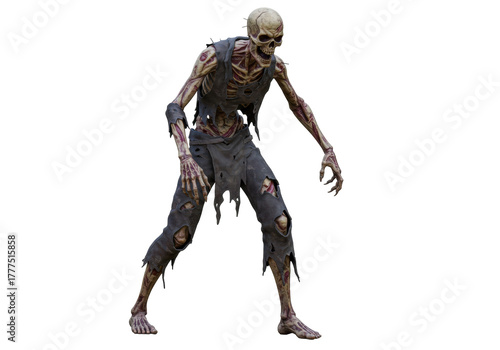 Isolated zombie with scary skeleton face and tattered clothing looking for something to eat