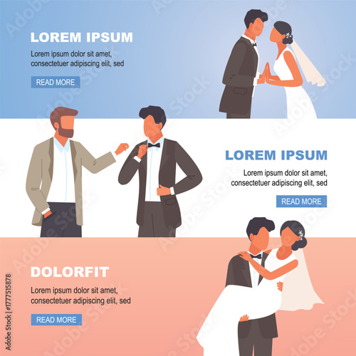 wedding characters banners. bride and groom wedding ceremony, marriage celebration. vector concept backgrounds.