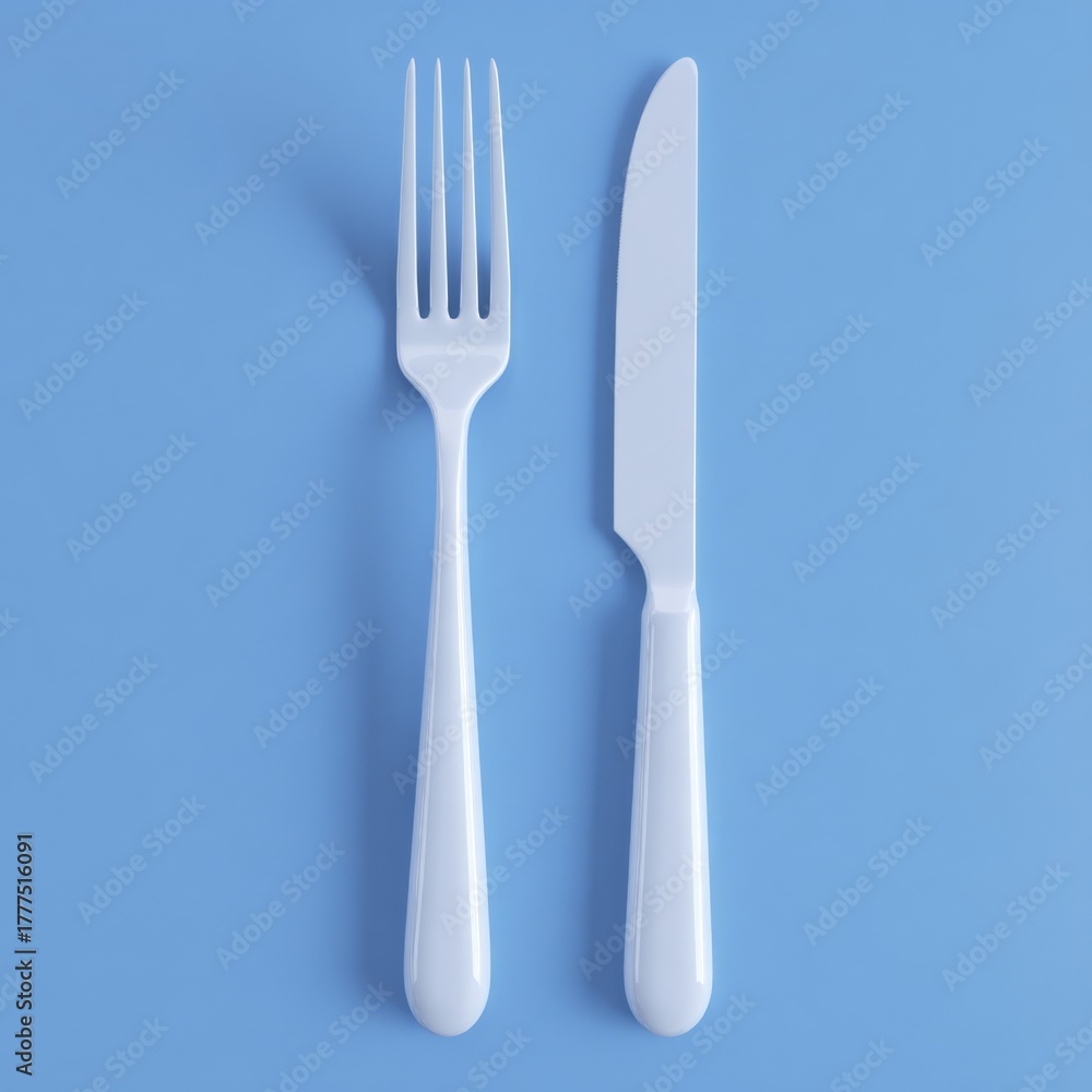 Fototapeta premium A Minimalist Arrangement of a White Fork and Knife Set Against a Soft Blue Background, Perfect for Culinary Themes or Dining Settings