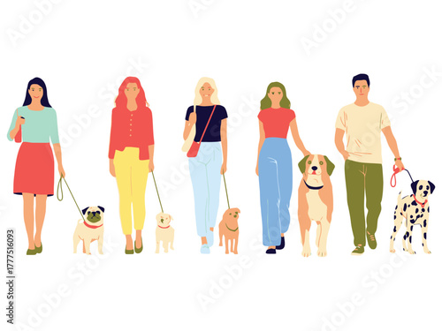 A group of diverse people walking their dogs on leashes against a white background.