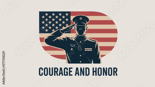 Soldier saluting against American flag in vintage style with Courage and Honor text