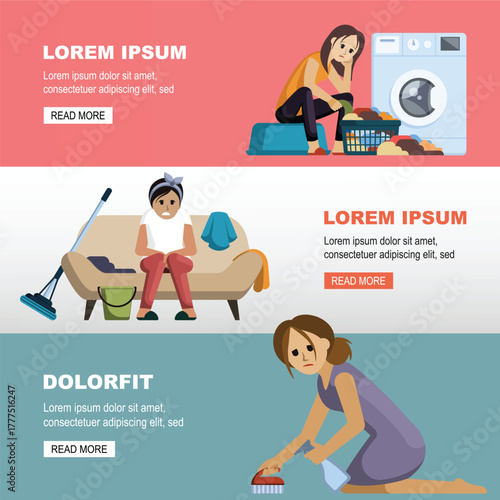 tired household woman. household activities, washing, cleaning, make laundry, cooking, baking, shopping, irons, sorting garbage. vector cartoon horizontal banners.