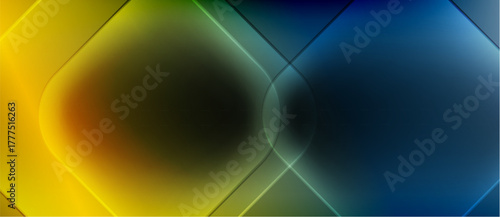 Abstract geometric design. Yellow, blue, green gradients blend. Lines create diamond shapes, soft focus effect present. Modern aesthetic.