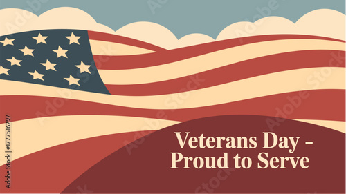American flag waving in vintage style with Veterans Day text 