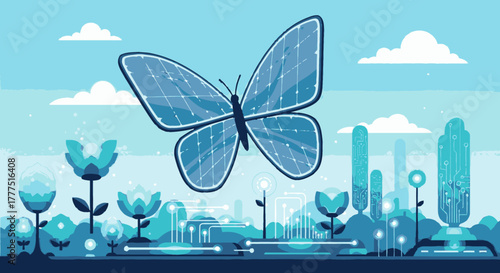 Digital Butterfly with Circuit Board Wings Flying in a Futuristic Landscape.
