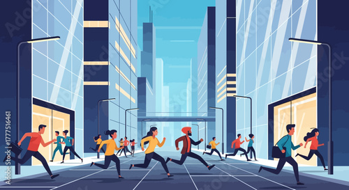 Diverse group of people running a race in a modern city street.