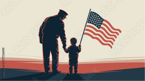 Elderly soldier and child holding hands with American flag against vintage background for Veterans Day