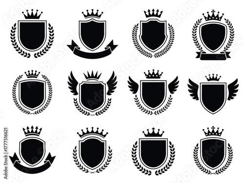 A collection of twelve stylized heraldic shields with crowns and laurels.