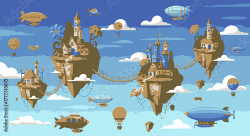 Fantasy floating islands with castles and airships in a whimsical sky.