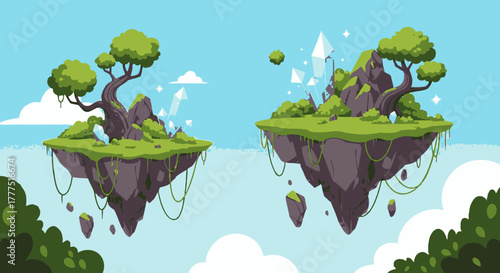 Fantasy Floating Islands with Lush Greenery and Mystical Elements.