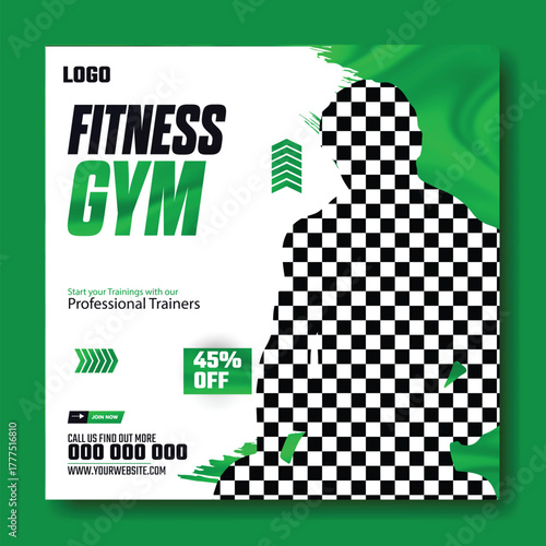 Muscular man holding dumbbell in fitness gym advertisement with green and white design and promotional offers.
Muscular man in gym with fitness promotion and discount offer for training services