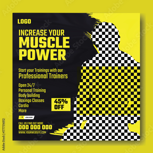 Muscular man holding dumbbell in fitness gym advertisement with green and white design and promotional offers.
Muscular man in gym with fitness promotion and discount offer for training services