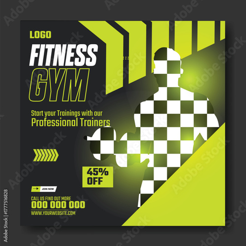 Muscular man holding dumbbell in fitness gym advertisement with green and white design and promotional offers.
Muscular man in gym with fitness promotion and discount offer for training services