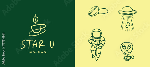Logo and illustration set for coffee and cafe drink company with outer space galaxy concept modern minimalist fun design style, for element printing, shop, content, poster, and web. SU initial