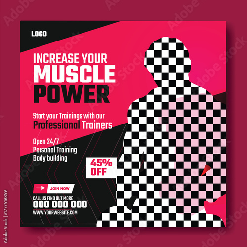 Muscular man holding dumbbell in fitness gym advertisement with green and white design and promotional offers.
Muscular man in gym with fitness promotion and discount offer for training services