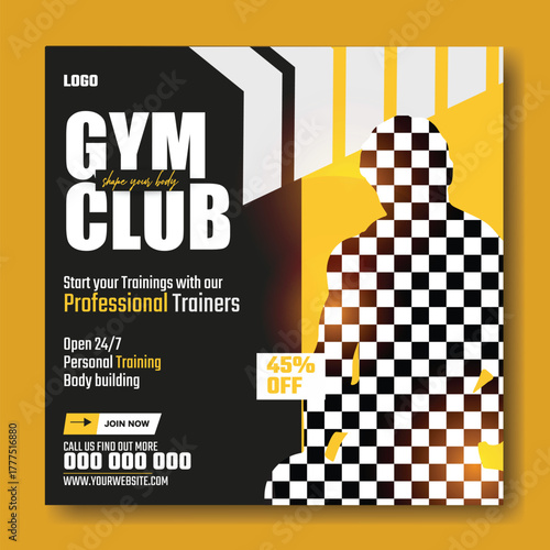 Muscular man holding dumbbell in fitness gym advertisement with green and white design and promotional offers.
Muscular man in gym with fitness promotion and discount offer for training services