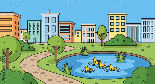 Five cute yellow ducklings swimming playfully in a serene pond.
