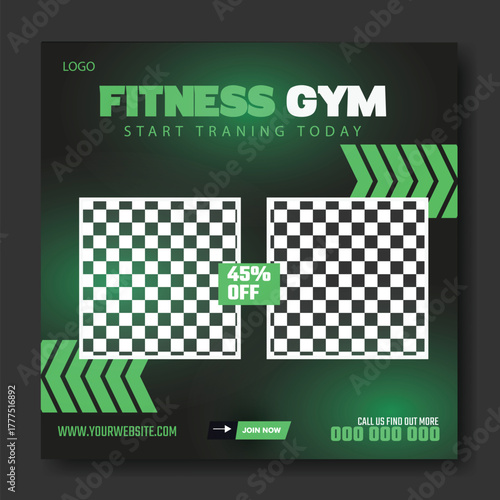 Muscular man holding dumbbell in fitness gym advertisement with green and white design and promotional offers.
Muscular man in gym with fitness promotion and discount offer for training services