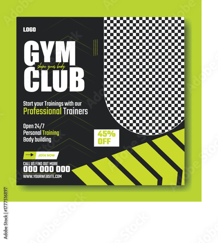 Muscular man holding dumbbell in fitness gym advertisement with green and white design and promotional offers.
Muscular man in gym with fitness promotion and discount offer for training services