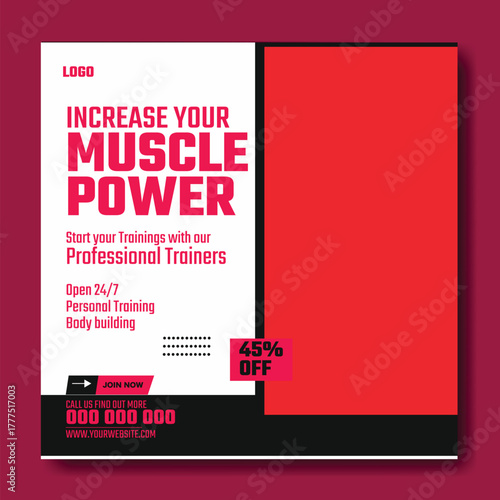 Muscular man holding dumbbell in fitness gym advertisement with green and white design and promotional offers.
Muscular man in gym with fitness promotion and discount offer for training services