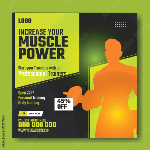 Muscular man holding dumbbell in fitness gym advertisement with green and white design and promotional offers.
Muscular man in gym with fitness promotion and discount offer for training services