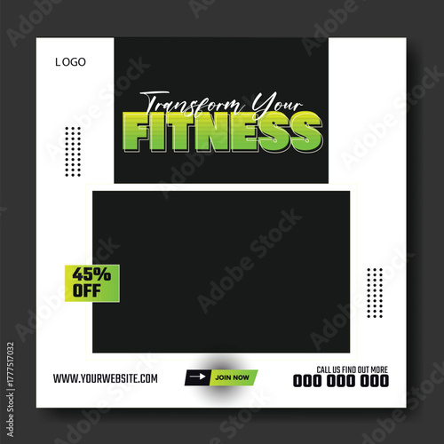 Muscular man holding dumbbell in fitness gym advertisement with green and white design and promotional offers.
Muscular man in gym with fitness promotion and discount offer for training services