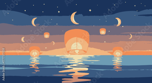 Floating lanterns illuminate the tranquil water under a crescent moonlit sky.