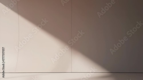 An empty room interior bathed in dramatic sunlight streaming through a window, casting long, distinct shadows across the neutral-toned floor and wall. A minimalist and atmospheric scene.