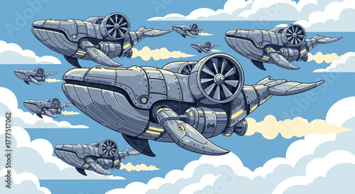 Fleet of futuristic mechanical whales soaring through the sky.