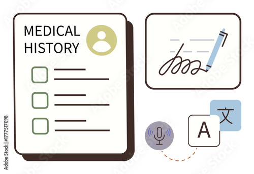 Medical history checklist with user profile, handwritten notes, speech-to-text, and language translation tools. Ideal for healthcare, digital tools, accessibility, global communication, data