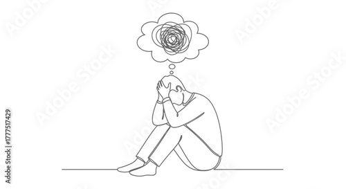 A person sits hunched over, hands on their head, with a tangled thought bubble above them.