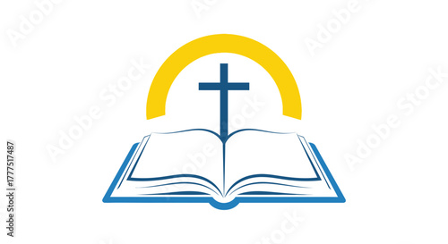 A cross and an open book are displayed under a yellow arc.