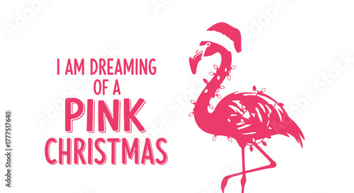 A pink flamingo wearing a Santa hat and Christmas lights dreams of a pink Christmas.