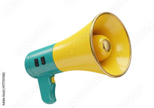 Isolated yellow and teal megaphone, a symbolic icon for announcements and public speaking