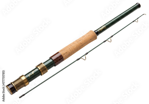 Isolated fly-fishing rod with guide rings, cork grip, and reel seat for angling enjoyment