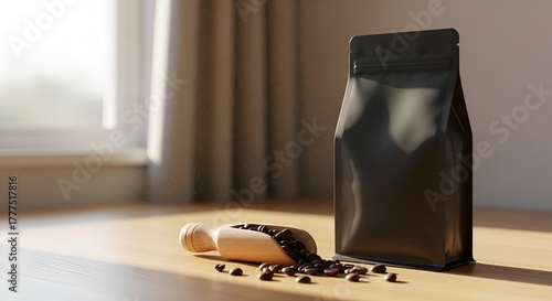 Fresh Coffee Beans in Wooden Scoop with Black Bag on Sunny Table