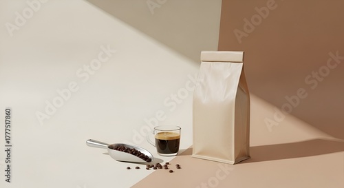 Fresh Coffee Beans, Espresso, and Packaging on Modern Two tone Background