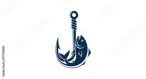 A stylized navy blue fish is caught on a fishing hook.