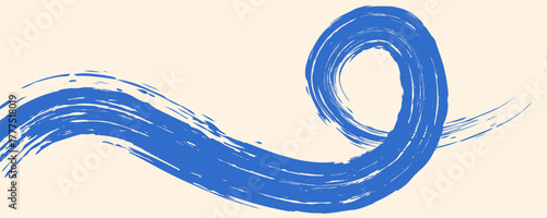 Grainy blue spiral brush stroke with spray texture. Hand drawn distress damaged edge vintage banner with spiral bold line. Grainy bold brush strokes texture with scattered tiny dots. Retro background.