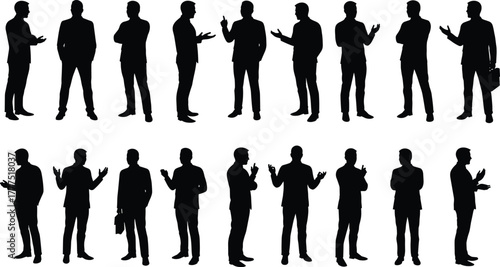 Businessman silhouettes, standing poses, hand gestures, briefcase, suit, professional posture, corporate style, office behavior, leadership, communication, formal