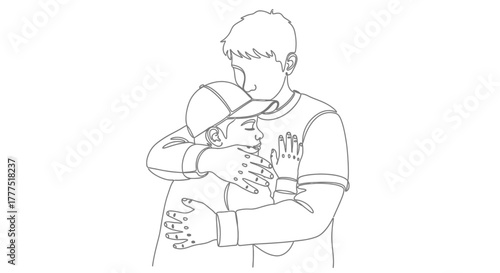 Two boys embrace as one offers comfort to the other in a gentle hug.