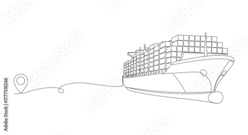 A cargo ship is connected to a location pin with a continuous line.