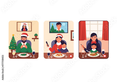 Christmas Dinner Online Family Connecting Through Video Call.