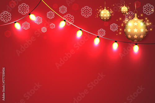 Christmas lights on red background with snowflakes. Vector illustration. for banner, web design template, flyer card, greeting card, background calendar
