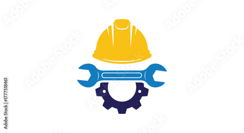 A hard hat rests above a wrench and gear, symbolizing industry.