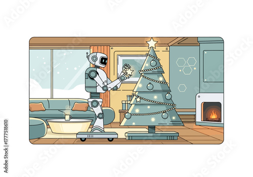 Robot Decorating Christmas Tree in Modern Living Room.