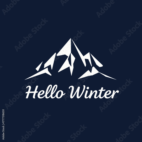 Simple graphic design featuring white mountain silhouette and greeting "Hello Winter".