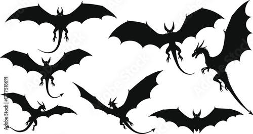 Dragon silhouettes, flying poses, rearing dragon, mythical creature, fantasy design, wings, claws, horns, tail, beast, legend, character art