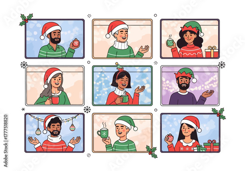 Virtual Christmas Party People Celebrating Online.
