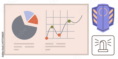 Pie chart, line graph with dots, security shield, and alarm light. Ideal for data visualization, security, analytics, protection, risk management alerts and visual metaphor for safety in simple